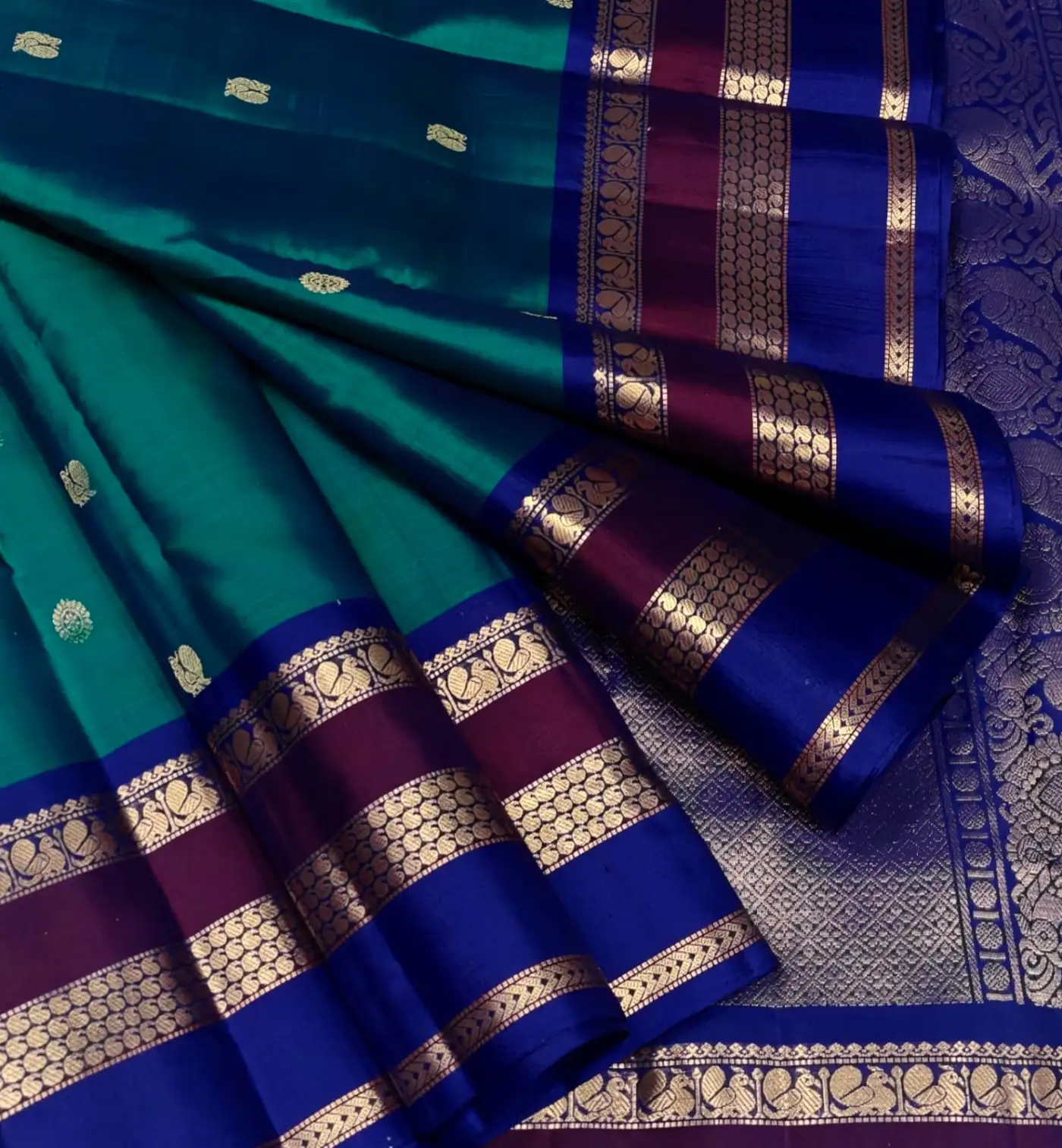 Pure kanchipuram silk sarees handwoven with  Green and Purple